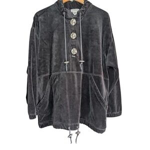 DUFFEL Sportswear Vintage Black Velour Hoodie Silver Button Pullover Womens L/XL